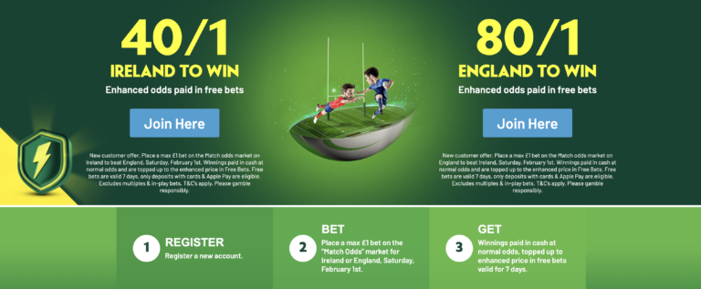 Ofertă de bun venit Paddy Power – 40/1 pentru Irlanda sau 100/1 pentru Anglia în Six Nations